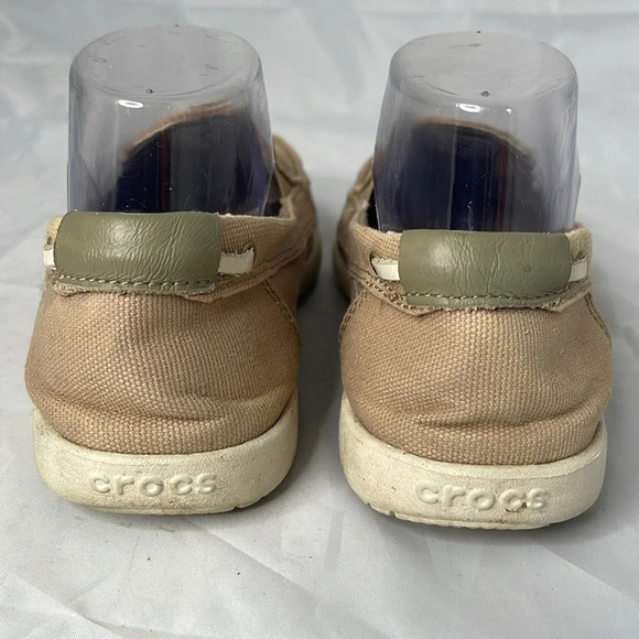 CROCS Walu Tan Canvas Loafer Deck Boat  Shoe Non-mark Sole Preppy Logo Coastal 8 - Picture 9 of 13